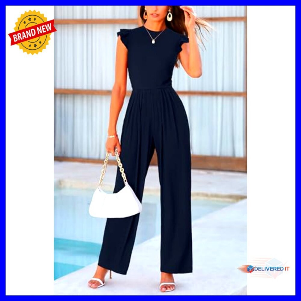 Ruffle Cap Sleeve Jumpsuit Rib Knit Slim Fit Elegant Summer Dressy Outfit - Picture 5 of 7